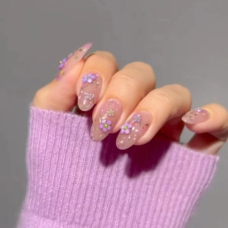 24Pcs Fake Nails Solid Nude Color Fake Nails with Jelly Glue Short Almond Press on False Nails Wearable Oval Finished Full Cover Nail Tips