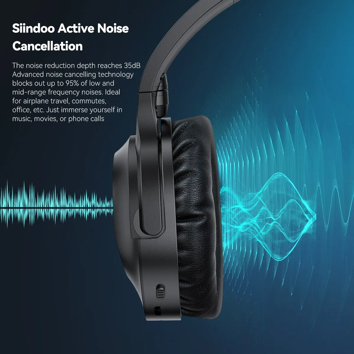 Siindoo ANC918B 액티브 노이즈 캔슬링 무선 헤드폰, 마이크 포함, 하이파이 스테레오 헤드셋, 딥베이스 BT 5.3, TV용