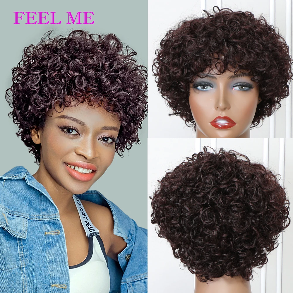 

Pixie Cut Wig 1B99J Color Spring curl Short Bob Human Hair Wig For Women Natural Black Color Brown Full Machine Made Cheap Wig