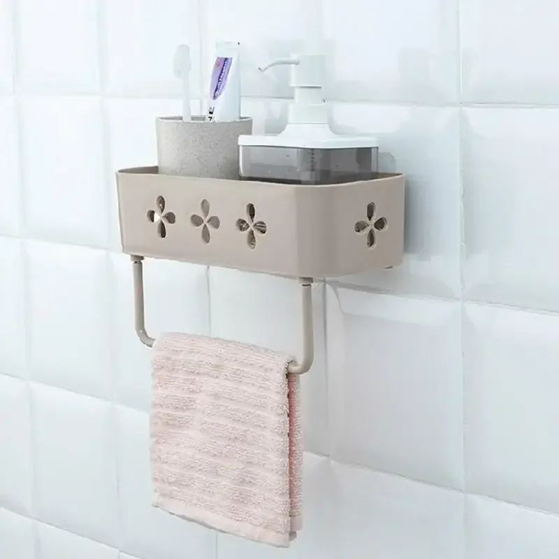Nordic Bathroom Shelf Shower Caddy Organizer Rack Wall Mount Shampoo Rack With Towel Bar No Drilling Kitchen Bathroom Accessory 6
