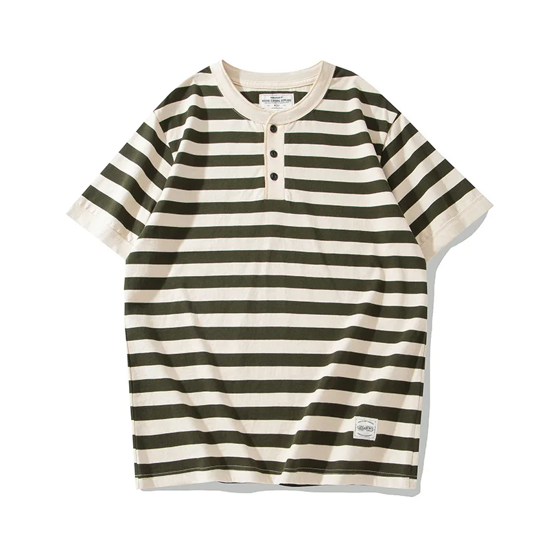 OKONKWO Heavyweight Short Sleeve Striped Henry Neck T-Shirt Deck Sea Soul Shirt Henry Shirt Outdoor Fitness Sports Tops 240g