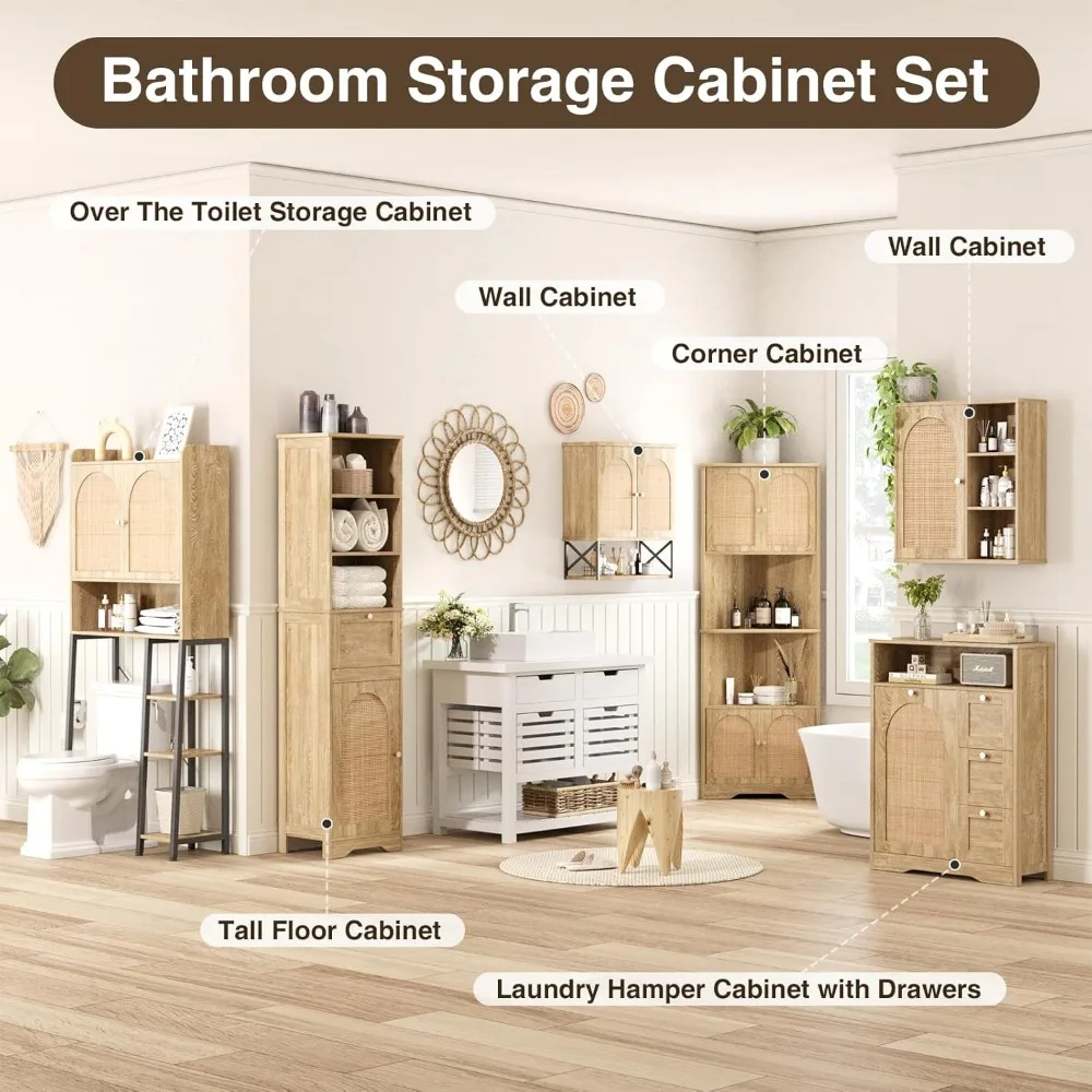67" Natural Bathroom Storage Cabinet with Rattan Doors 5