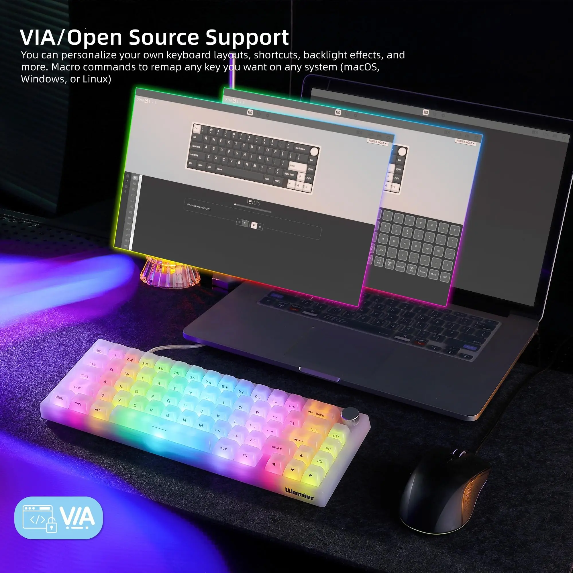 Womier Q61 V2 무선 65% 기계식 키보드(노브 포함) VIA 프로그래밍 가능 지원 트라이 모드 BT/2.4G/USB-C 핫스왑 RGB(Mac/PC용)