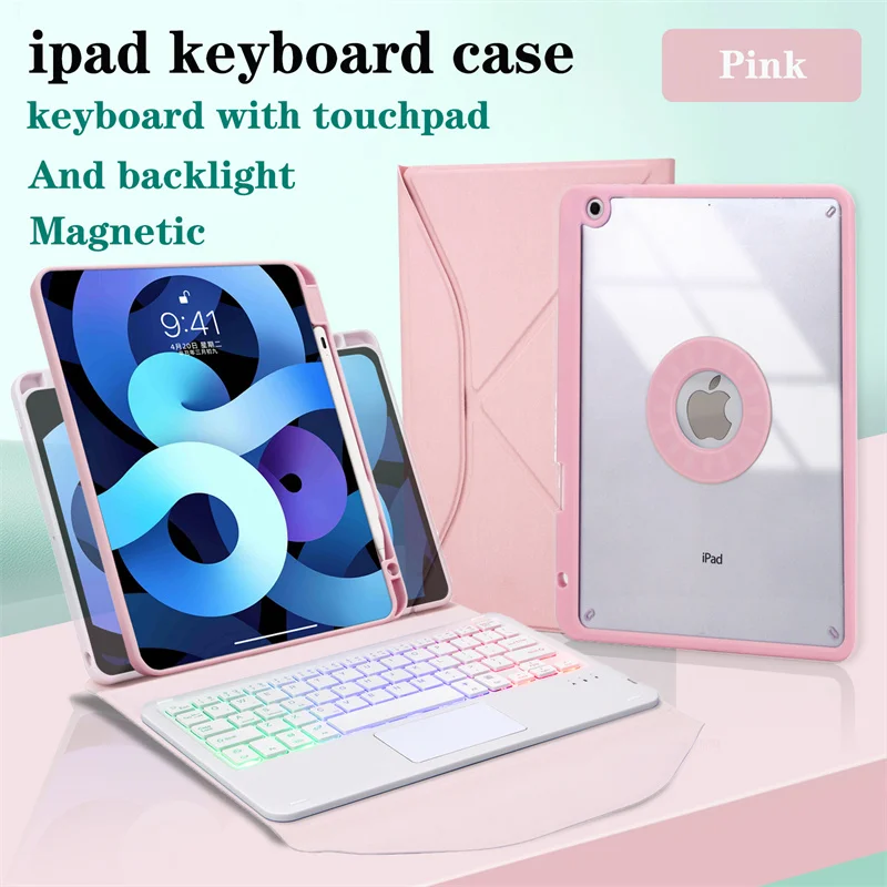 

Touchpad Backlit Keyboard Case For iPad 10.2 9th 8th 7th 10.2'' Cover Triangular Stand Detachable Back Suck Ring Magnetic Shell