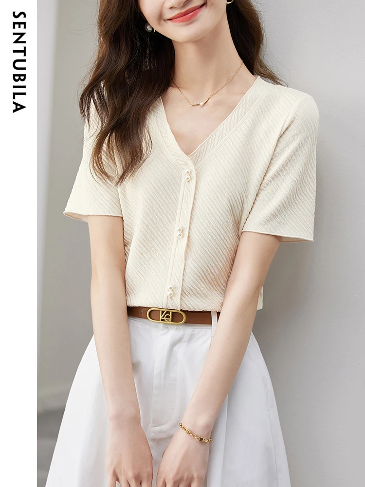 

Sentubila Elegant Summer Sweater for Women 2023 V Neck Pearl Buttons Short Sleeve Ladies Chic T Shirts Knitted Tops New Knitwear