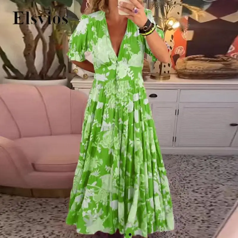

Women Deep V Neck Sexy Party Dress Casual Retro Flower Print Boho Beach Dress Elegant Fashion Short Sleeve Loose Hem Long Dress