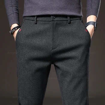 Autumn Men's Casual Pants Business Fashion Elastic Waist Slim Fit Stretch Thick Gray Black Cotton Trousers Male 1