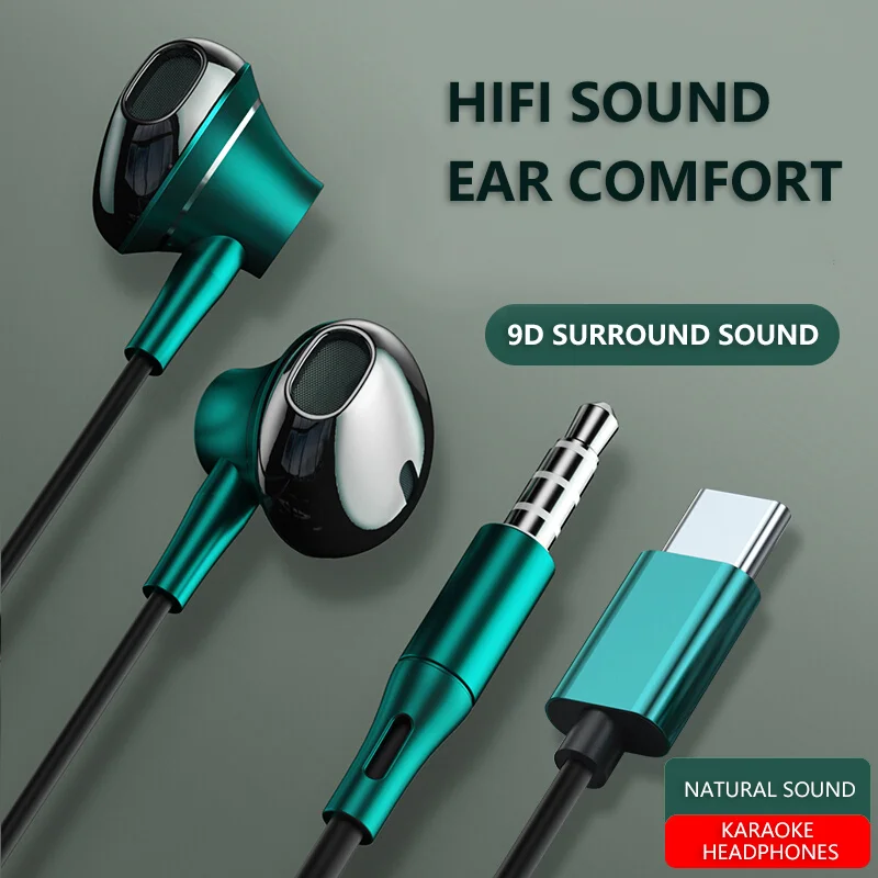 Type-C In-Ear Wired Karaoke Headphones 3.5mm Stereo Music Earbud Handfree Headset Earphones with Mic 6