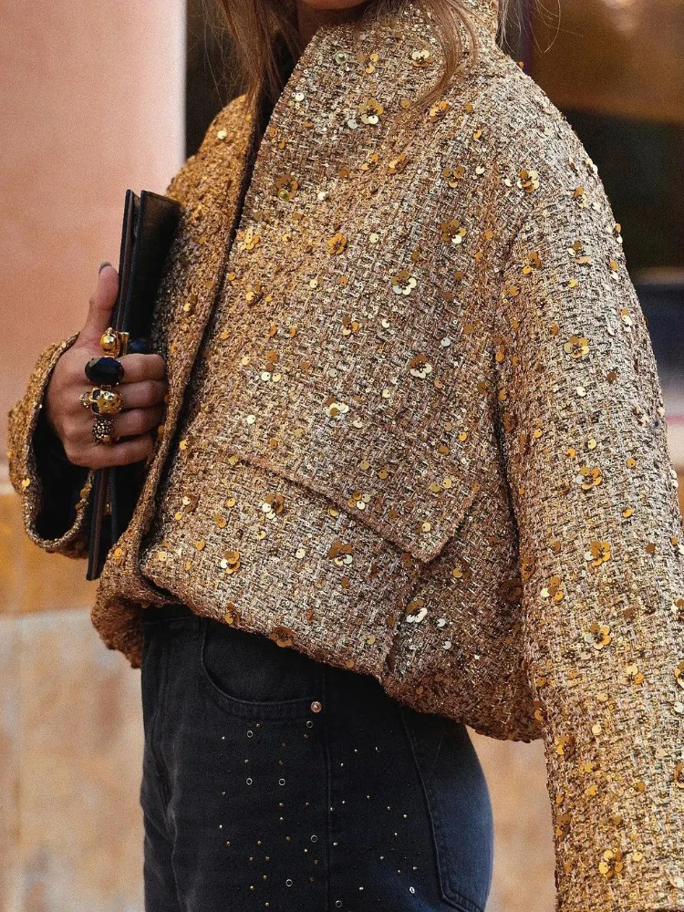 ZBZA Women's Sequined Bomber Jacket Fall New Round Neck Long Sleeve Pocket Stretch Hem Sequins Jacket Coat Female Chic Outerwear 4