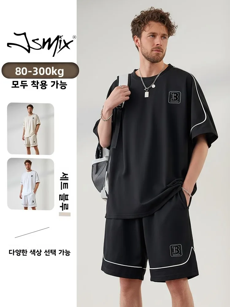 Jsmix 대형 남성용 티셔츠 반팔 문자 인쇄 수분 흡수 캐주얼 스포츠웨어 세트 여름 폴리에스테르 섬유