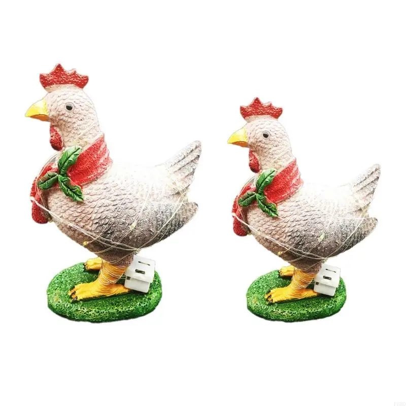 F68D Glowing Chicken with Scarf Christmas Ornaments Resin Animal Statues Decoration