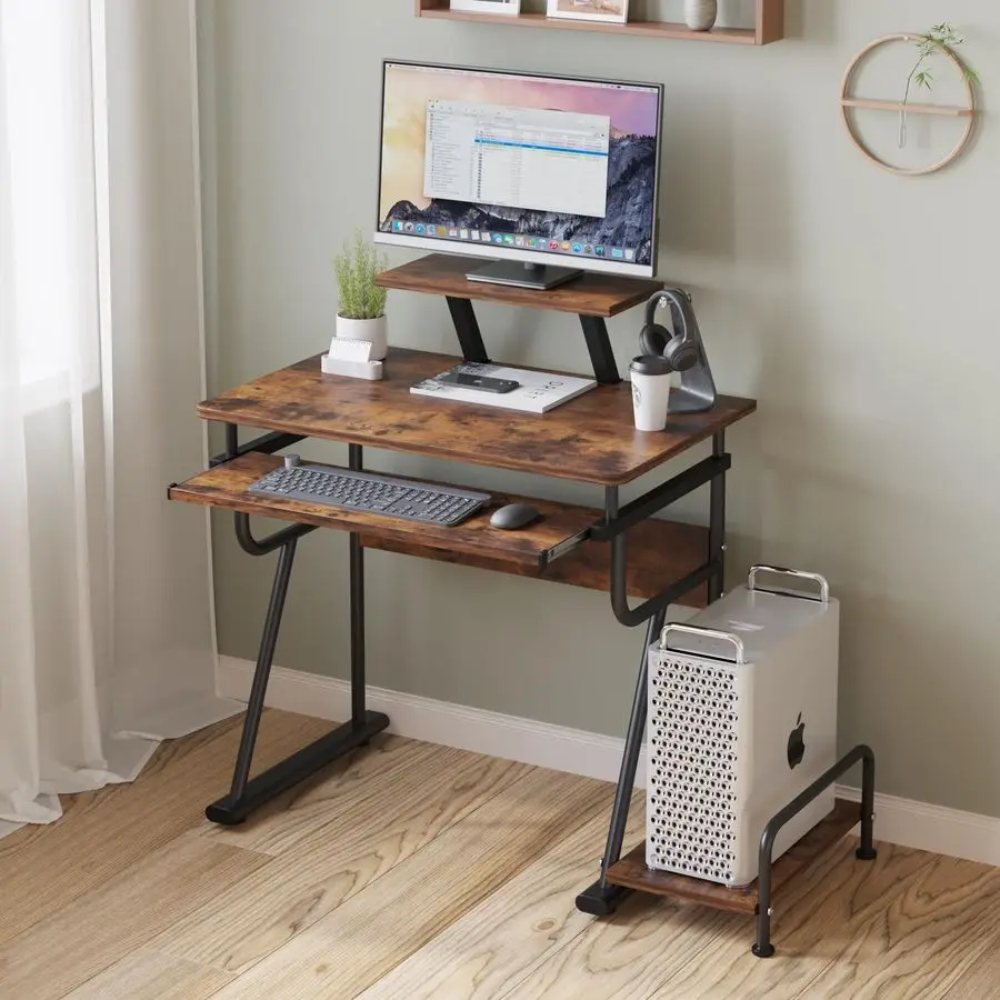 Small Computer Tower Desk Computer Desk, Home Office Small Desk with Monitor Stand, Rustic ...