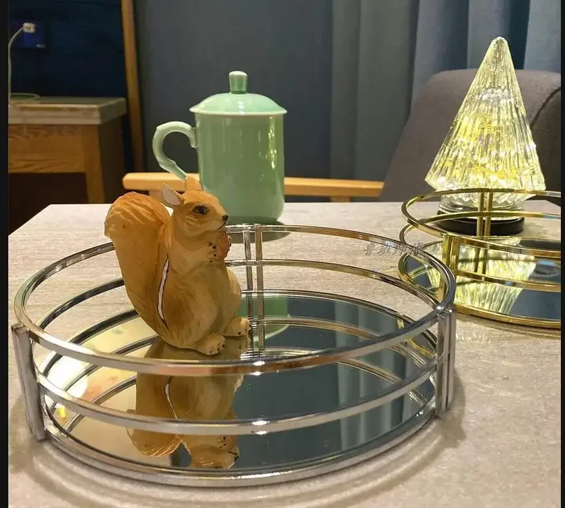 

Metal Glass Mirror Tray Round Decorative Plate Desktop Decoration Storage Tray Jewelry Dish Tea Plate Cosmetic Organize Disk
