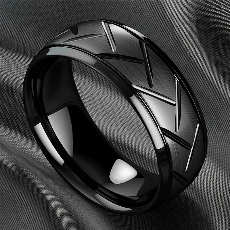 Elegant Black Stainless Steel Ring with Tire Groove Design – Men's Stylish Accessory and Unique Gift