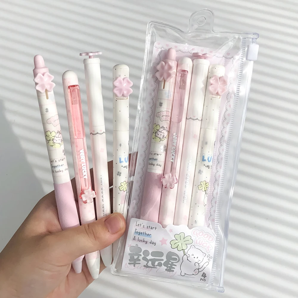 4 Pcs/Set Lucky Star Gel Pens 0.5mm Quick-Drying & Smooth Writing Black Ink Pen for Office School Study Exam Stationery