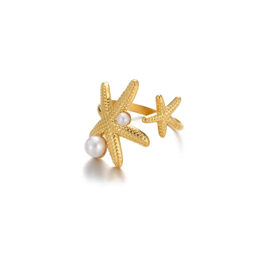 Starfish Rings For Women Girls Gold Color Pearl Stainless Steel Jewelry