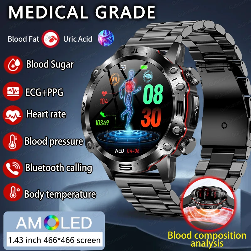 2024 Nuovo Per Gli Uomini Blood Fat Blood Glucose Smart Watch Ecg + Hr Fitness Watch Tracker Bluetooth Call Orologio Con Acido Urico Per Android Ios