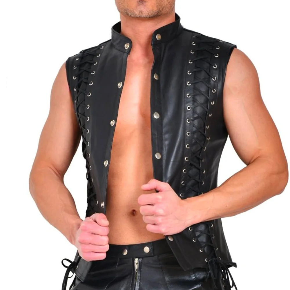 Men's Punk Style Leather Vests With Bandage Fashion Club Stage Wear Waistcoat Skinny PU Sleeveless Jacket For Male Size M-4XL 2