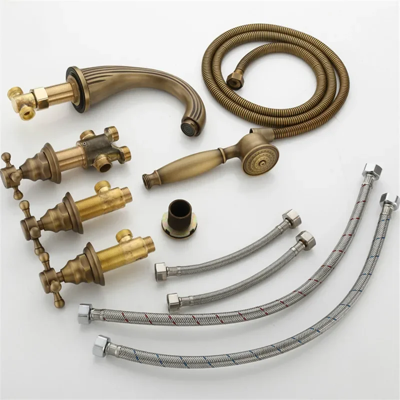 Brass Classtic Bathtub Faucet Set with Handheld Shower Deck Mounted 5 Holes Hot and Cold Taps Garden Bathtub Water Mixer 6
