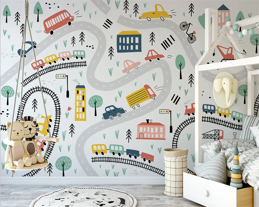 

Beibehang пользовательский Новый скандинавский ручной росписи мультяшный автомобиль дорога интерьер детской комнаты фон papel de parede 3d обои