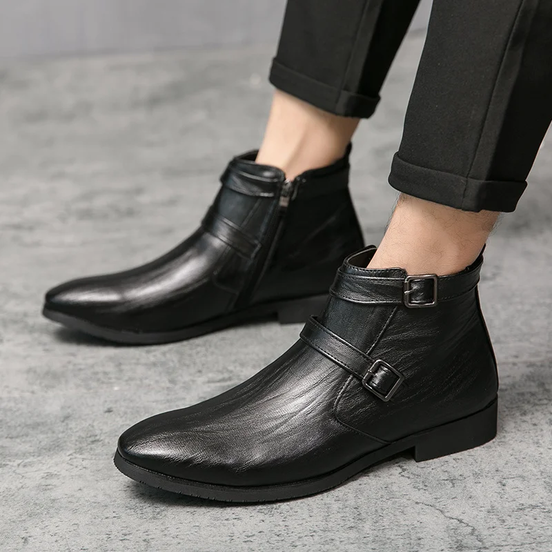 Big Size 47 Retro Black High Top Leather Shoes Men Elegant Men's Dress Boots Comfortable Pointed-Toe Ankle Boots zapatos hombre