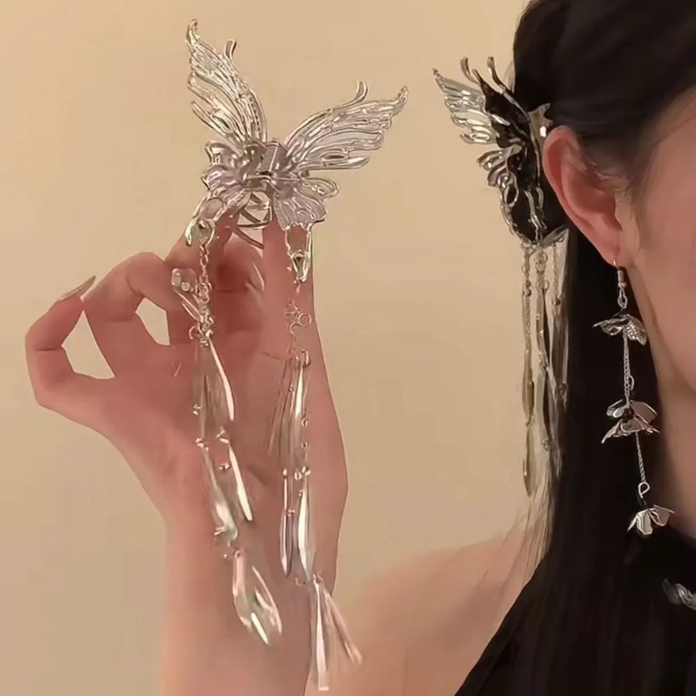 

Серебряная заколка для волос в виде бабочки, модная заколка для волос с длинной бабочкой, аксессуары для волос в стиле ретро