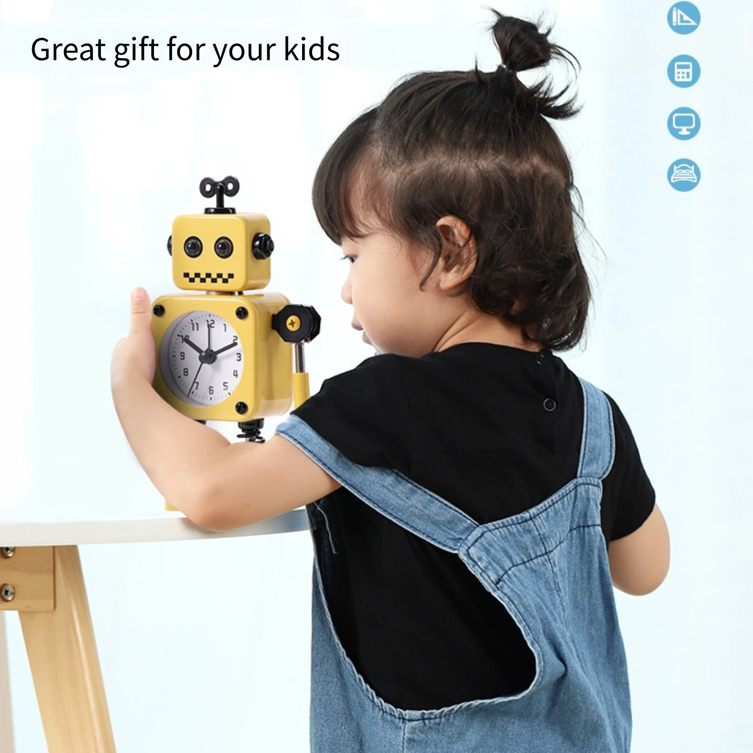 Sveglia robot, sveglia senza ticchettio con luci lampeggianti e braccio rotante, regalo per bambini, decorazione divertente per scrivania - immagine 4