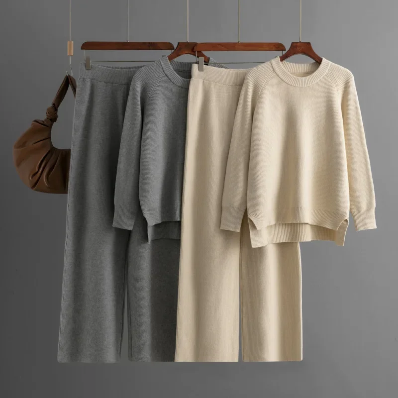 Gray Knit Off-the-Shoulder High Waist Wide Leg Two Piece Set