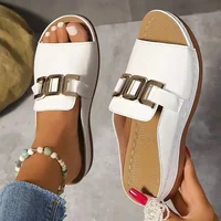 Thick Heel Slip-On Shoes Women's Casual Metal Buckle Fish Mouth Sandals Large Size Daily Wear Simple Design Comfortable Polyuret