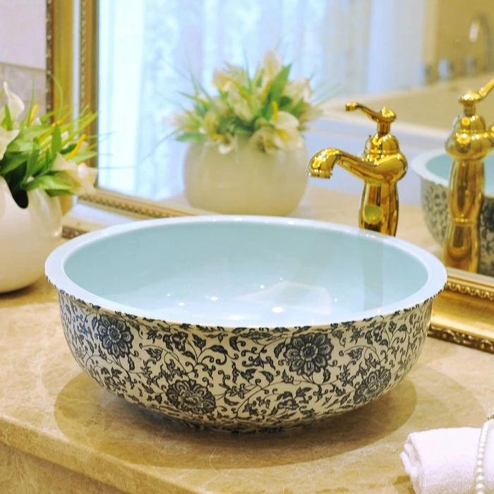 Porcelain China vessel sink Handmade Engraving Ceramic wash basin Lavobo Round Countertop bathroom sink  (4)