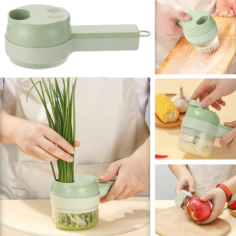 4 in1 Handheld Electric Vegetable Cutter Slicer Garlic Mud Masher USB  Wireless Chopper Cutting Pressing Mixer Food Slice for Garlic Pepper Chili  Onion