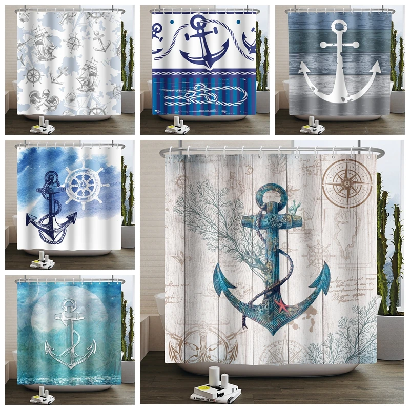 

Занавеска для душа с деревенским якорем, ретро, нордическая, средиземноморская навигация, декор для ванной комнаты, водонепроницаемые тканевые занавески для ванной 180x200
