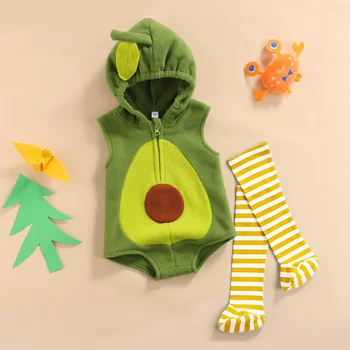 VISgogo Baby Girls Boys 2pcs Halloween Romper Clothes Avocado Sleeveless Zipper Hooded Jumpsuits+Striped Stockings Outfits 1