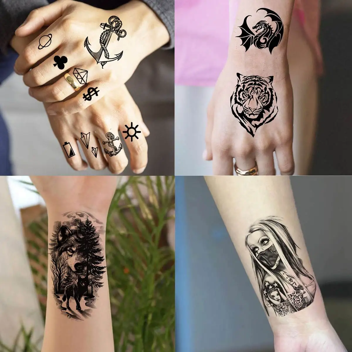 60 Sheets Ferocious Lion Tiger Temporary Tattoos For Men Women Arm Neck Devil Skull Tattoo Black Wolf Dragon Tatoo Small Desgin 6