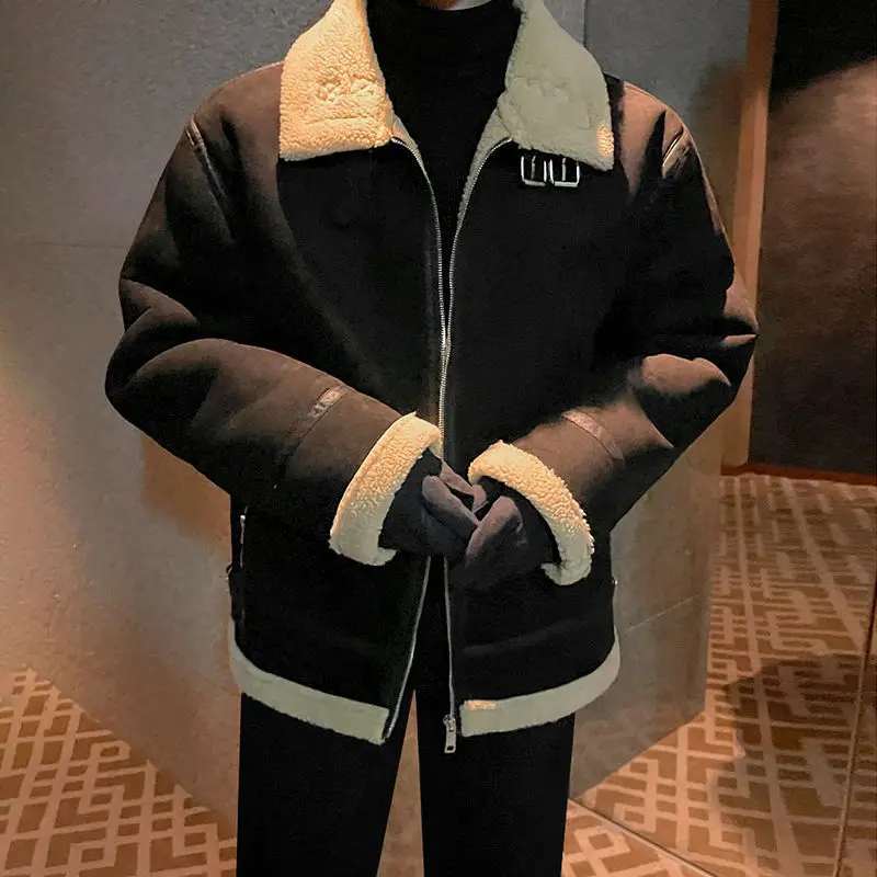 Lamb Wool Cotton Coat Men's Winter Version Loose Fur One-piece Standing Collar Suede