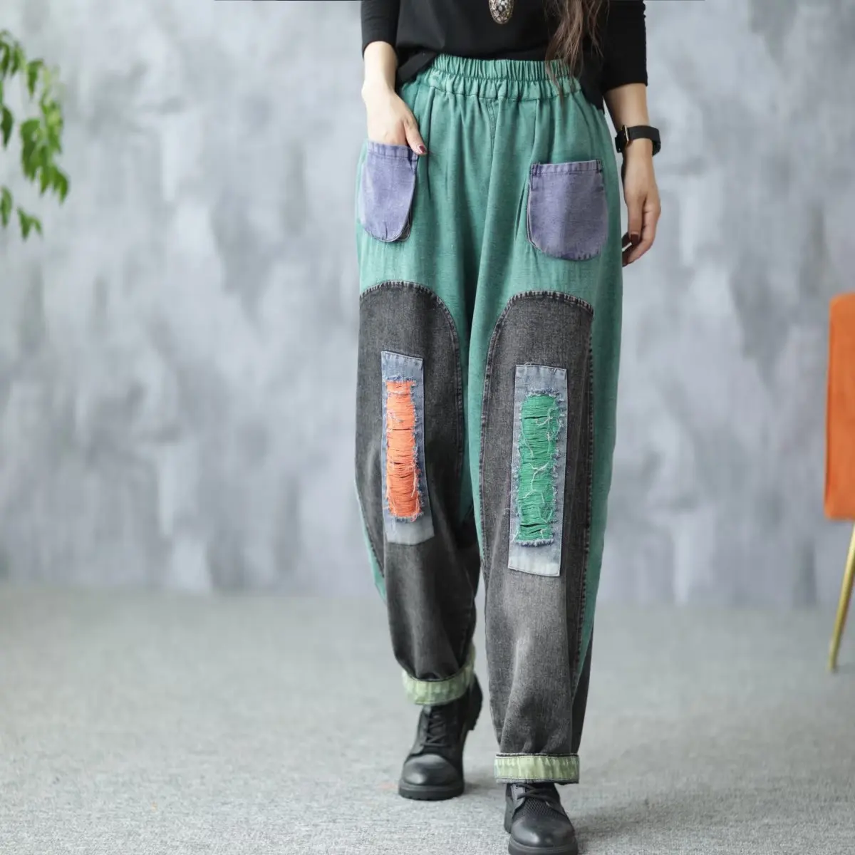 

Patchwork Harlan Cowboy Pants Women Loose Fashion Casual Full Length High Waist Washed Pockets Wide-leg Jeans