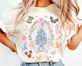 Watercolor Bow Disney Castle T-shirt, Magic Kingdom Girls T-shirt, Suitable for Disney Girls' Journey Fantasia T-shirt 1