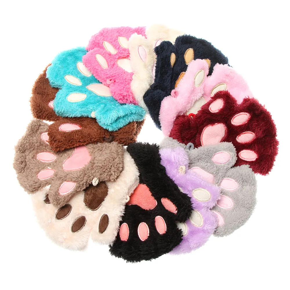 Children Gloves 1Pair Lovely Cat Paw Children Gloves Fluffy Warm Plush Gloves Girl Fashion Fingerless Mittens Winter Warm Accessories