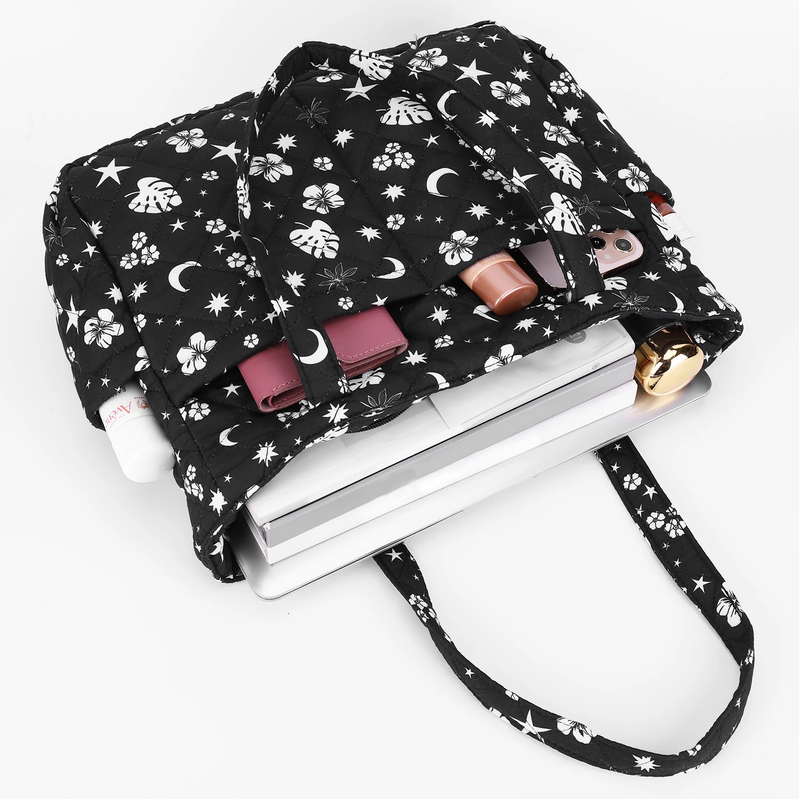 Women Floral Cotton-Padded Shoulder Bag with Multiple Pocket Tote Bag Underarm Bag Large Capacity for Daily Travel Work