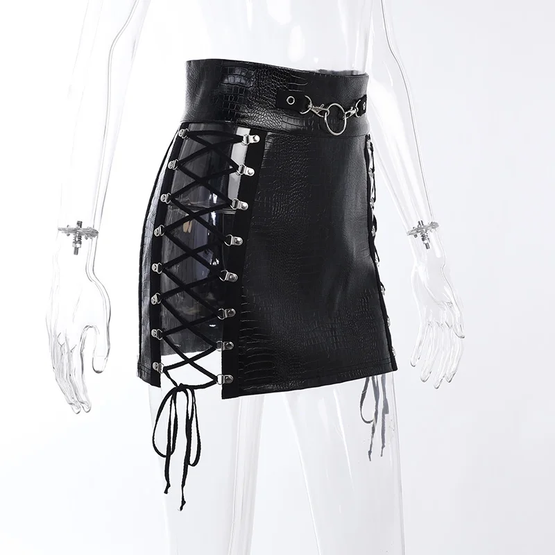 Women Sexy Y2k Skirt High Waist Harajuku Punk Gothic Slim Mini Skirt Black Club Bandage Drawstring Hollow Out Skirt Summer tartan skirt