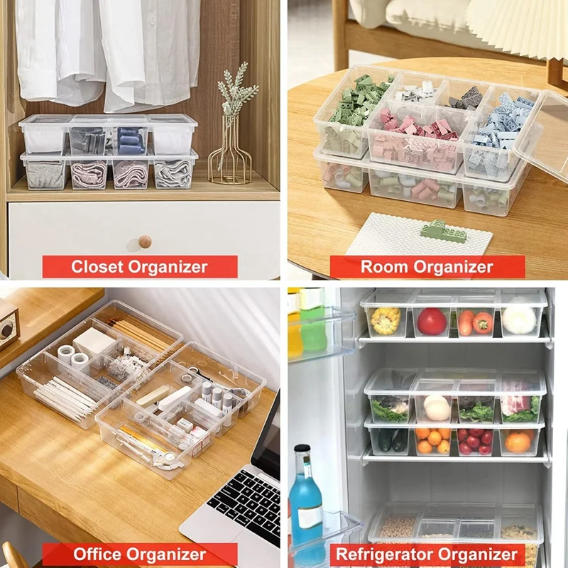 2 Pack Divided Vegetable Trays With Lids, Compartment Refrigerator Snack Boxes, Transparent Refrigerator Storage Boxes 2