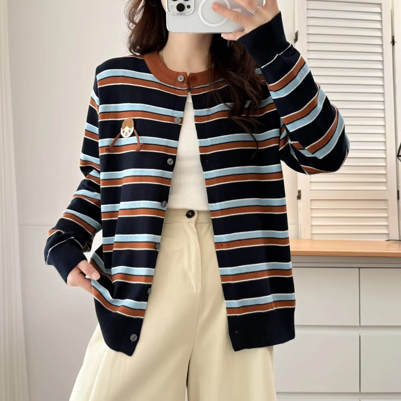 Fashion Plus Size Women's Sweaters Autumn 2025 Youthful Embroidered three-dimensional Braid Girls And Striped Knitted Cardigan