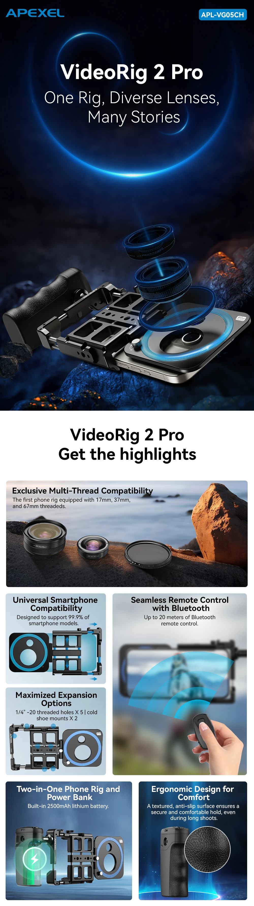 Universal Metal Phone Rig Video Kit Handheld Smartphone Vlog Cage with Rechargea
