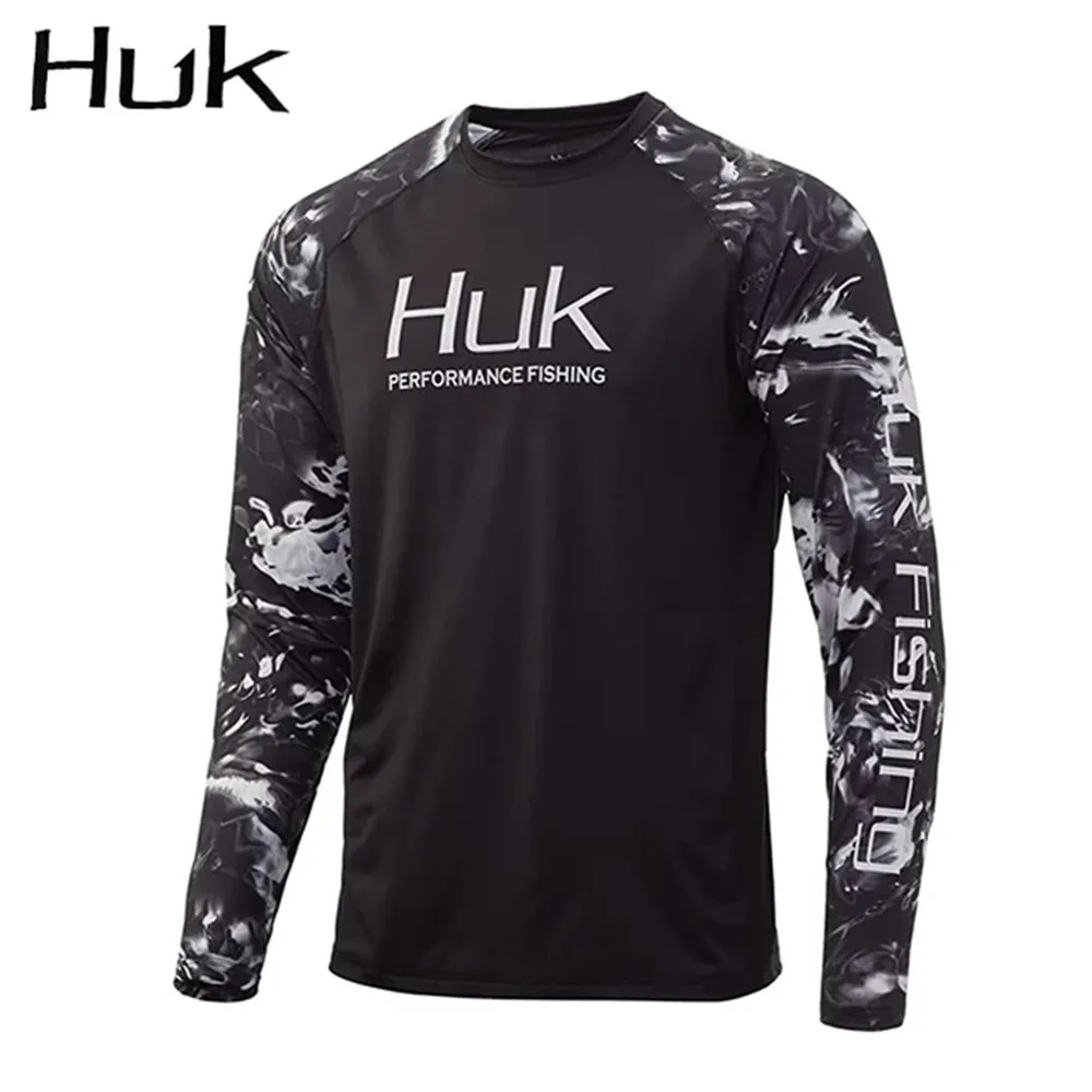 HuK 남성용 라운드 넥 낚시 셔츠 UV 보호 긴 소매 야외 스포츠웨어