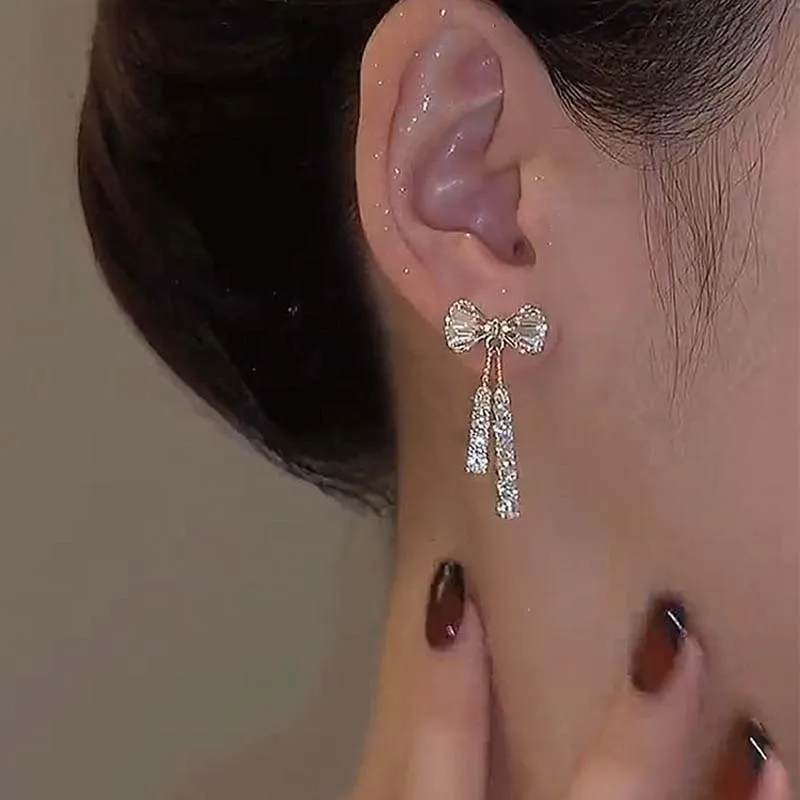Zircon Bow Earrings Acrylic Crystal Tassel Earrings For Women Fashion Party Jewelry Trendy Accessories Gifts