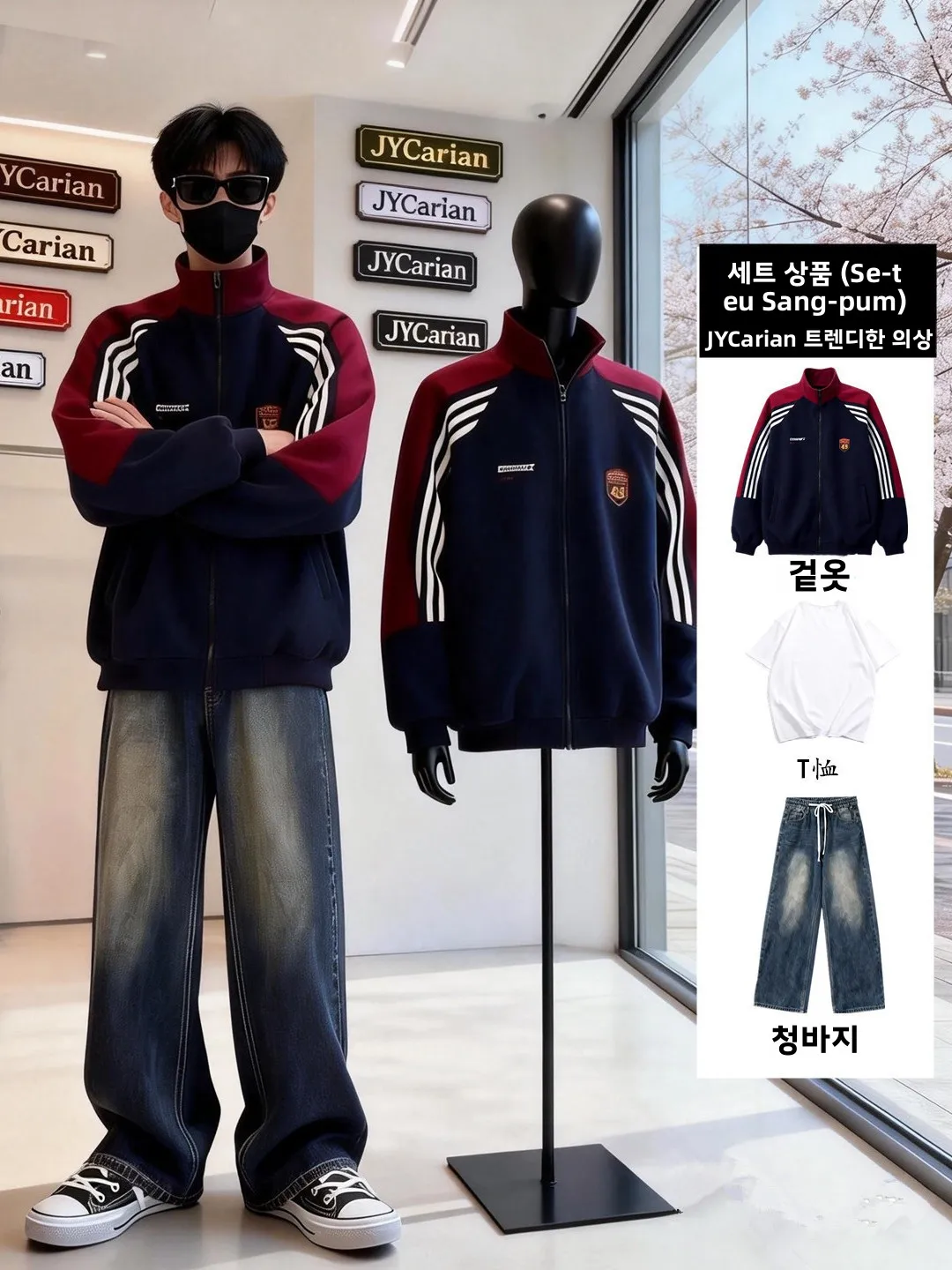 봄 가을 체크무늬 스플라이싱 재킷 야구 유니폼 청바지 세트 남아 패셔너블 캐주얼 스포츠웨어 십대 청소년용