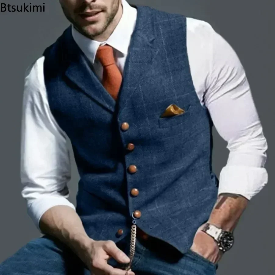 2025 Men's Formal Vests Lapel Tweed Plaid V-neck Waistcoat Slim