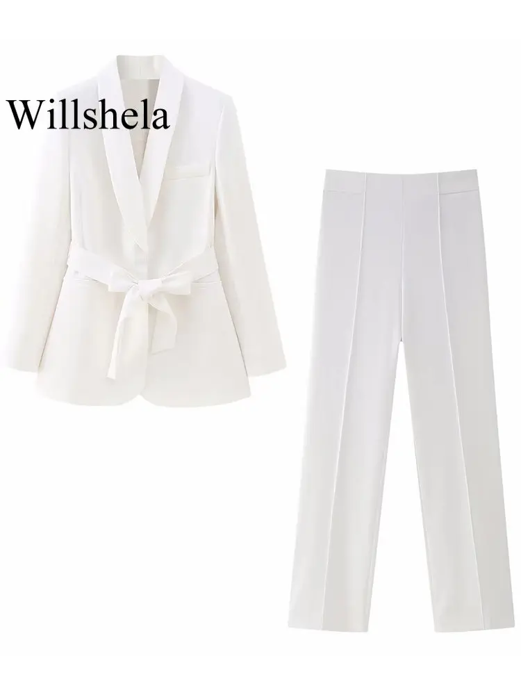 

Willshela Women Fashion 2 Piece Suit With Belt Single Button Blazer & Vintage Side Zipper Trouser Female Office Blazer Pants Set