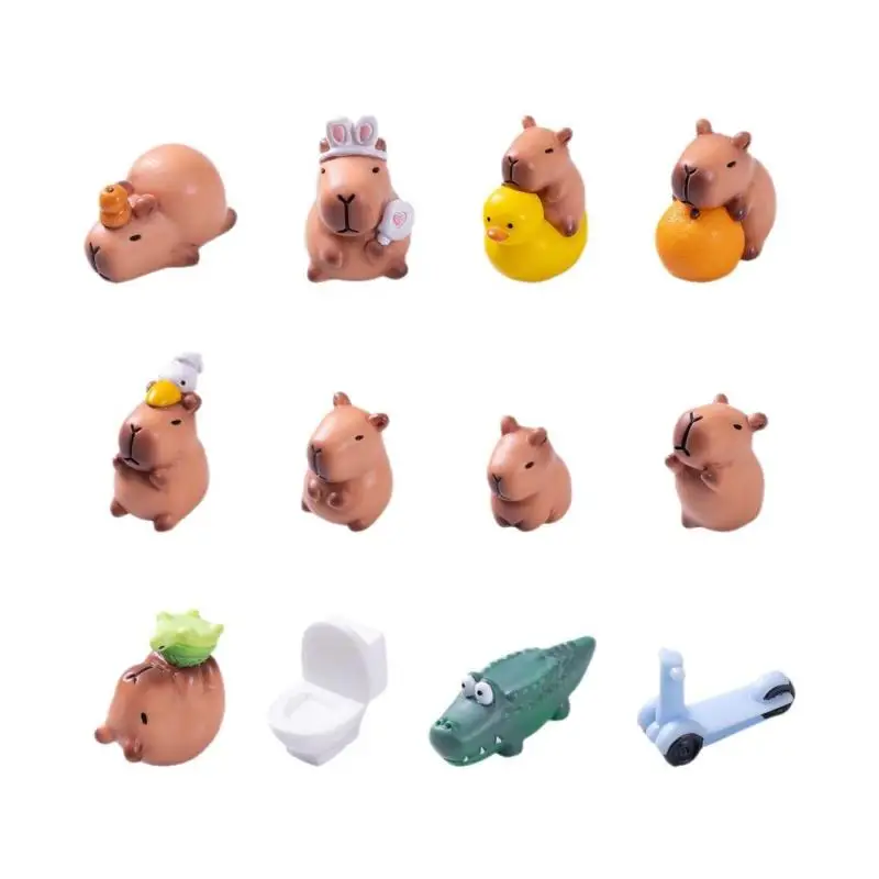 2Pcs 미니 Capybara 가족 8 조각 수지 미니어처 인형 수지 사랑스러운 Capybaras 미니 동물원 장식 요정 정원 액세서리