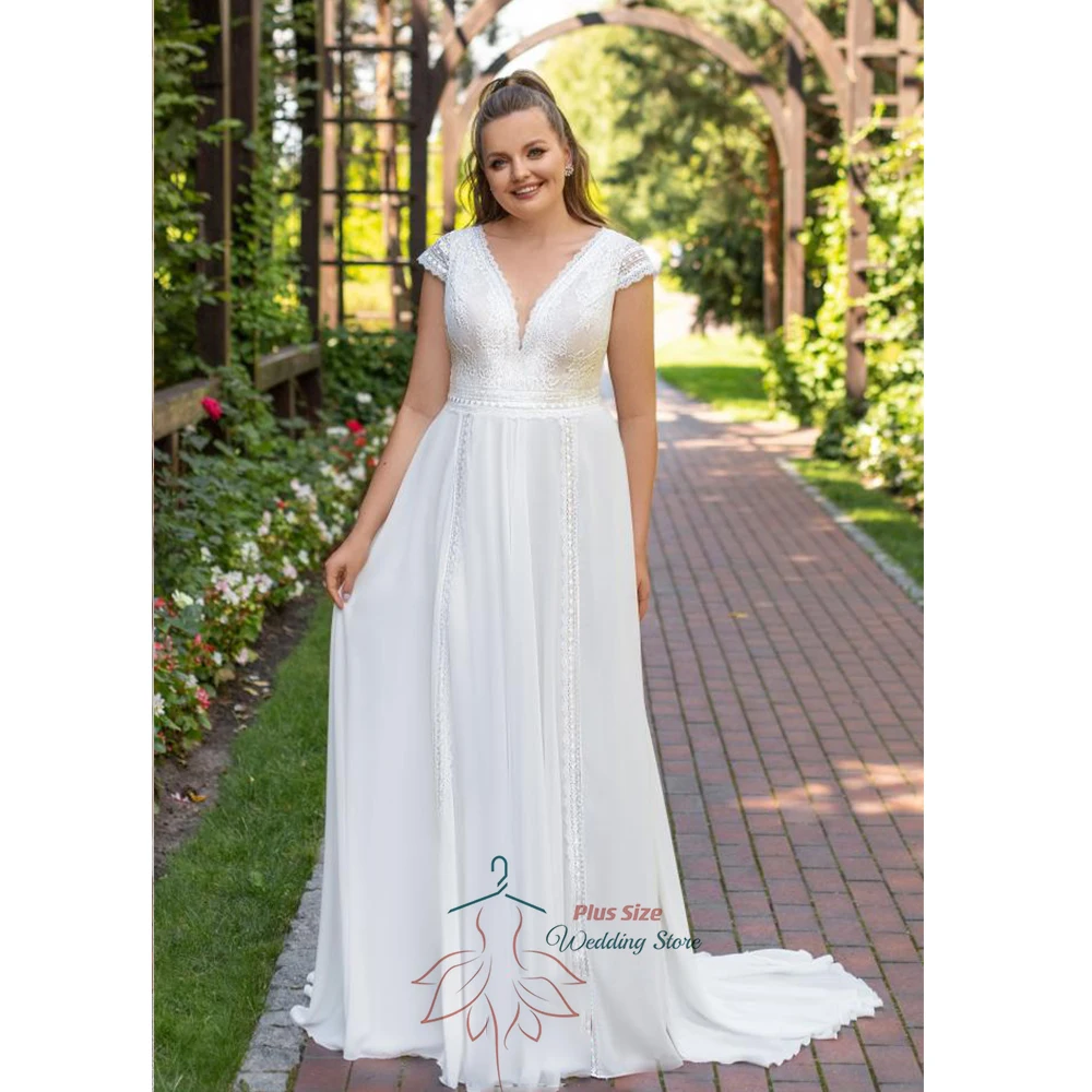 

Classic Wedding Dress Plus Size Women V-Neck Short Sleeves Backless Bride Gowns Chiffon A-Line Sweep Train فستان حفلات الزفاف